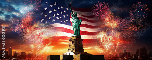 Statue of liberty with fireworks and an american flag background