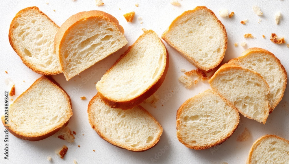 Naklejka premium Freshly Sliced Bread Pieces Scattered on a White Surface.