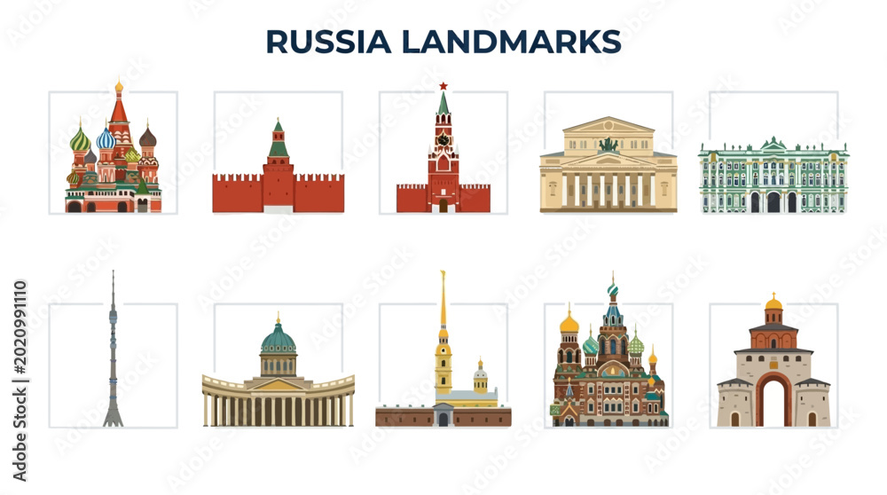 Αυτοκόλλητο Collection of Famous Russian Landmarks and Architectural Wonders.