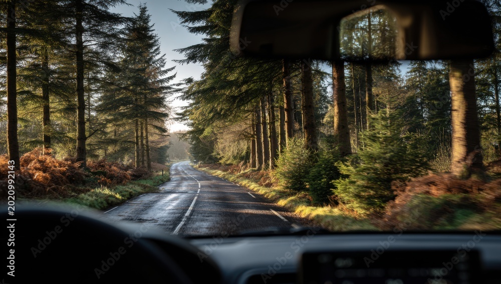 Fototapeta premium Driving through a sun-dappled forest road in autumn.