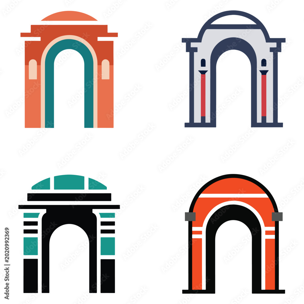 Fototapeta premium Four different colored archway designs with various architectural details and styles on white background no buildings just gateways