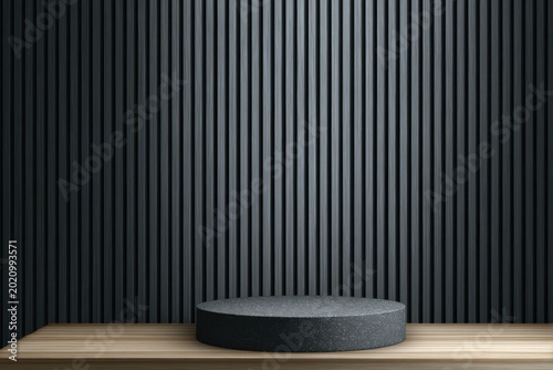 Minimalist Dark Podium Display Against Textured Vertical Wall.
