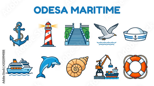 Tableau sur toile Odesa Maritime Icons Collection Featuring Nautical Symbols and Marine Life