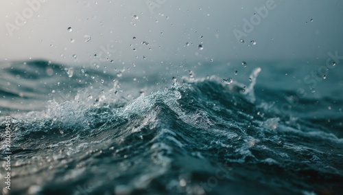 Close-up of Ocean Waves Crashing with Water Droplets.
