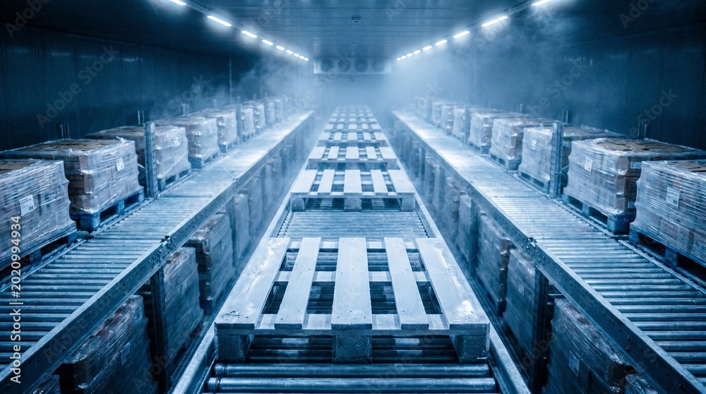 Fototapeta premium Refrigerated Freezer Warehouse with Goods on Roller Conveyor System