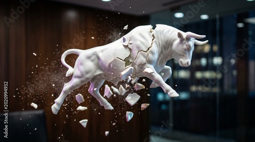Broken Porcelain Bull Statue Exploding into Pieces in Modern Office