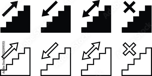 Staircase icon set, directional arrows, symbols, navigation signage, architectural floor plan design, communication purposes,
