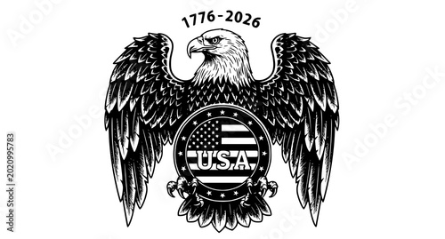 Bald eagle with usa flag emblem and dates 1776-2026, united states
