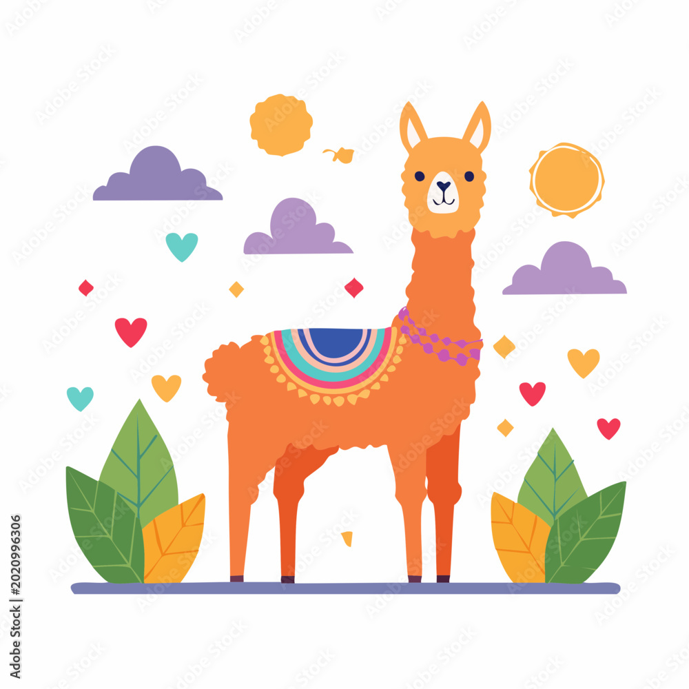 Fototapeta premium Cute Orange Llama with Colorful Blanket and Hearts