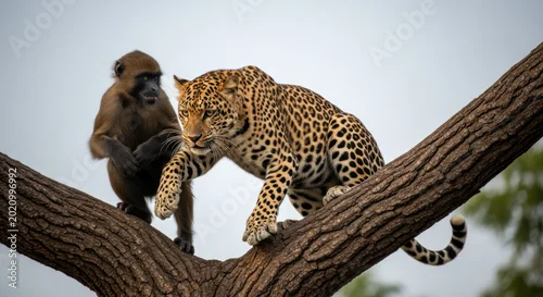 Fototapeta na wymiar Leopard on a Branch Striking Feline Portrait in Natural Habitat.