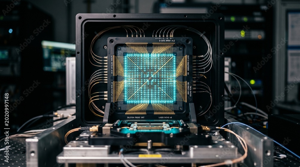 Fototapeta premium Advanced Quantum Processor Chip with Blue Glowing Lights in Laboratory