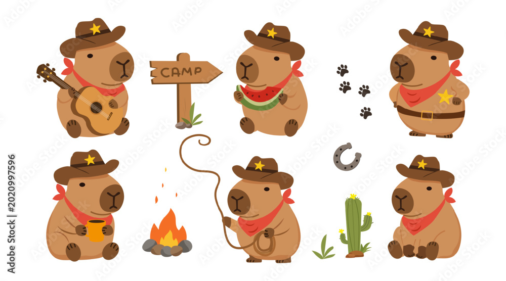 Obraz premium Cowboy capybara character illustration collection.