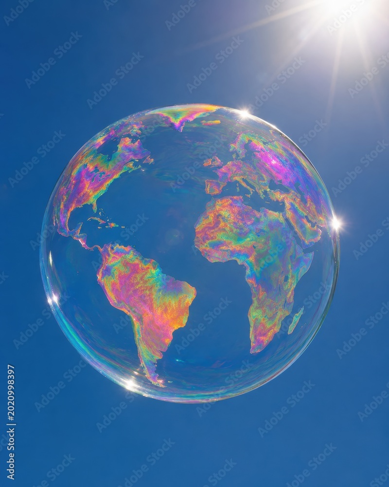 Fototapeta premium Soap bubble Earth floating, clear blue sky, sun flare, fragile environmental concept