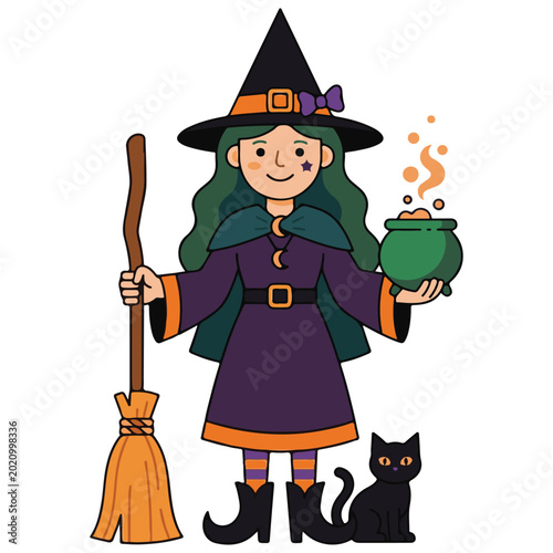 Bilde på lerret Cartoon witch holding cauldron and broom with black cat witch hat witch dress ha
