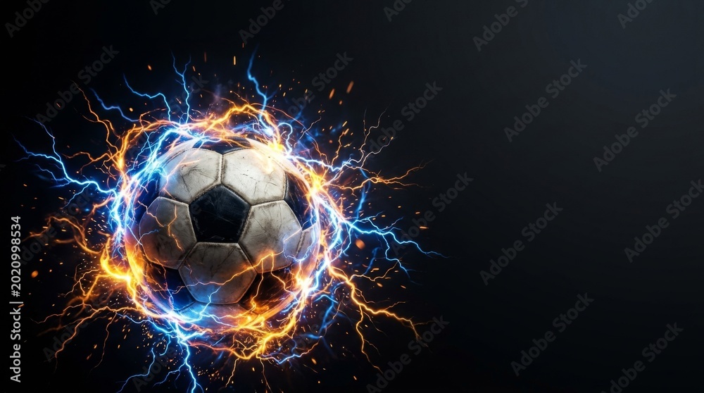 Fototapeta premium Dynamic soccer ball surrounded by electric energy sparks on black background.