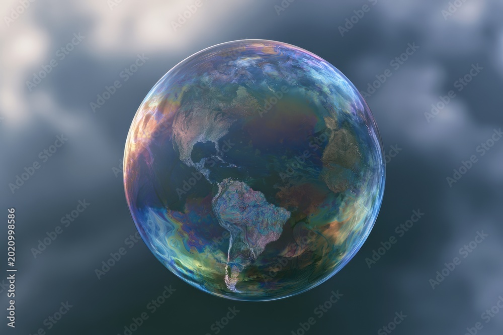 Fototapeta premium Fragile World concept, soap bubble as Planet Earth, swirling iridescent colors, cloudy atmospheric background, environmental concept