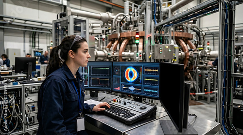 Female fusion energy operations engineer supervising plasma containment diagnostics inside advanced experimental power facility for scientific infrastructure management and next generation energy work