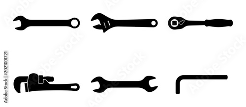 Schilderij op canvas Collection of Six Black Vector Icons: Wrenches, Ratchet, Pipe Wrench, and Allen
