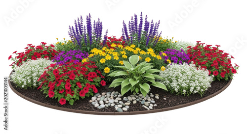 Colorful flower garden bed with various blooms on transparent background high quality