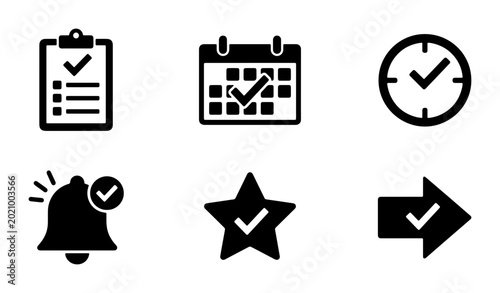Photos Checklist, Calendar, Clock, Notification, Star, Arrow Icons: Task Management, Sc