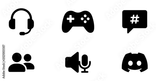 Obraz na płótnie Gaming and Communication Icons Set: Headset, Controller, Chat, Users, Volume, Di