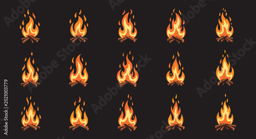 Sprite sheet sequence showing different frames of a burning campfire for video game animation and 2d pixel art visual effect projects.