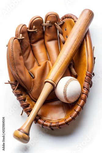 Leather glove with baseball and bat on white