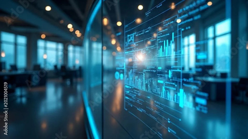 Blue hologram of business graphs in modern office. 