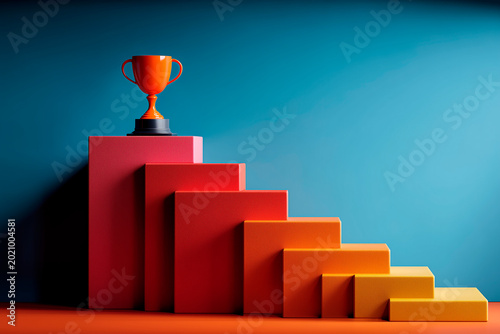 Colorful success staircase leading to trophy symbolizing achievement and progress