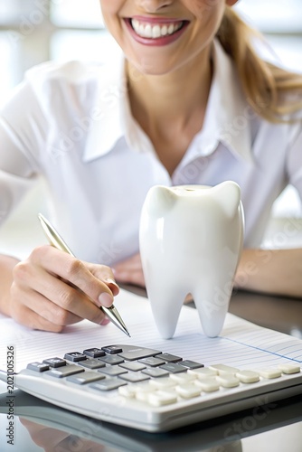 White Tooth In Front Of Woman Calculating Bill