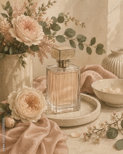 Elegant perfume bottle with delicate roses and floral arrangement on a vintage background
