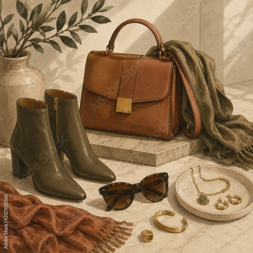 Elegant women's accessories arranged on a marble surface with soft lighting