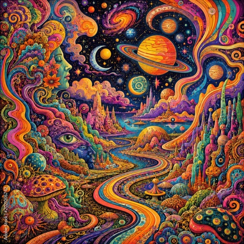 Vibrant psychedelic fantasy landscape with cosmic elements and a profile portrait