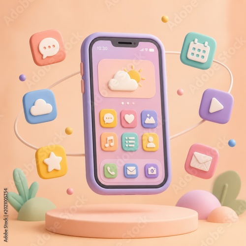 3D render of a smartphone surrounded by app icons and decorative elements
