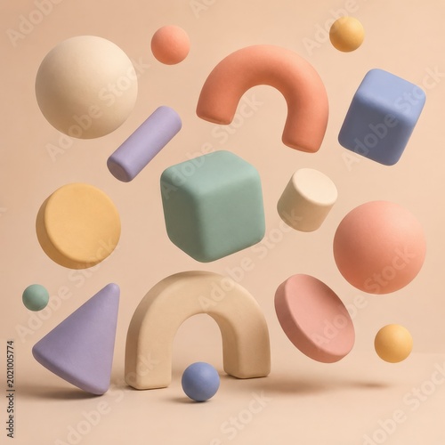 Assortment of colorful 3D geometric shapes floating against a soft neutral background.