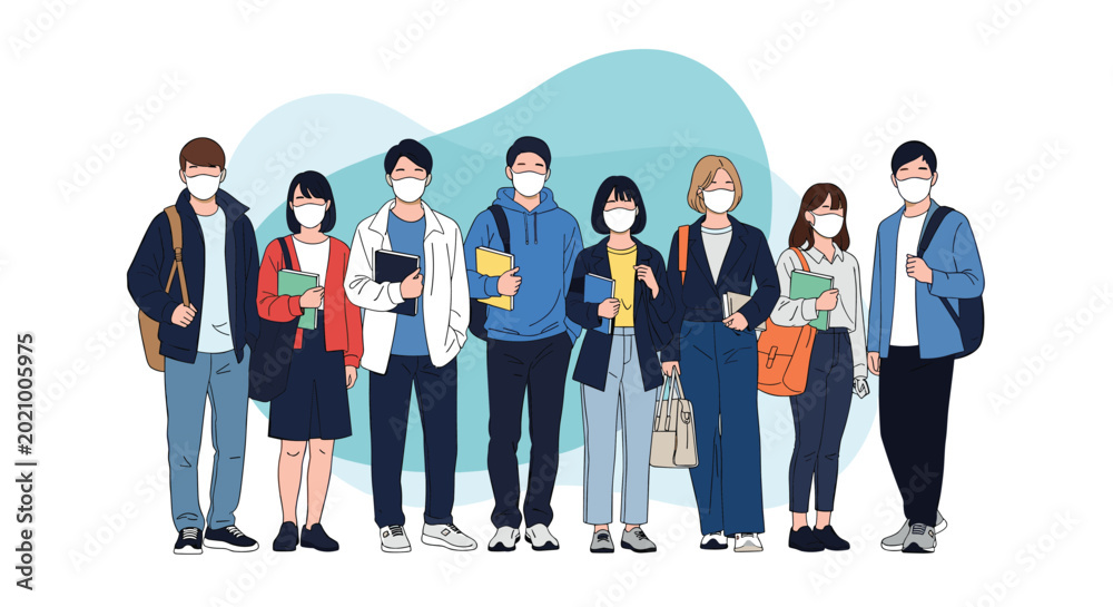 Obraz premium Group of diverse college students standing together wearing face masks for health protection in academic environments in flat vector style.