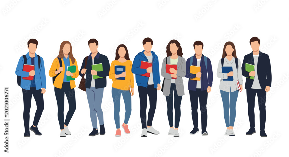 Obraz premium Diverse college students carrying books and backpacks representing student life and higher education concepts in flat vector illustration.