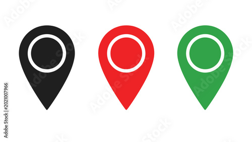 Konstfotografi Three map location pin icons in black red green on white background location nav