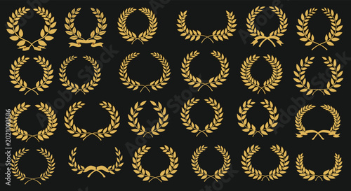 Large collection of golden laurel and olive wreaths on a dark background representing victory award and achievement symbols for classic designs.