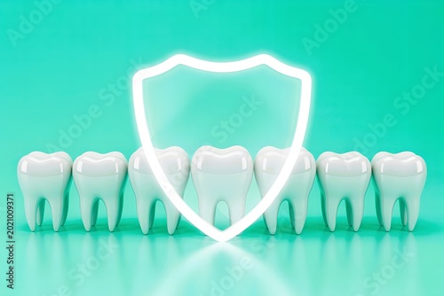 row of white tooth model protected by glowing shield icon. Dental protection
