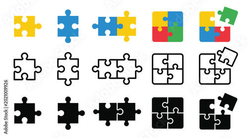 Colorful and monochrome puzzle pieces displayed in a grid for this creative conceptual design photo image