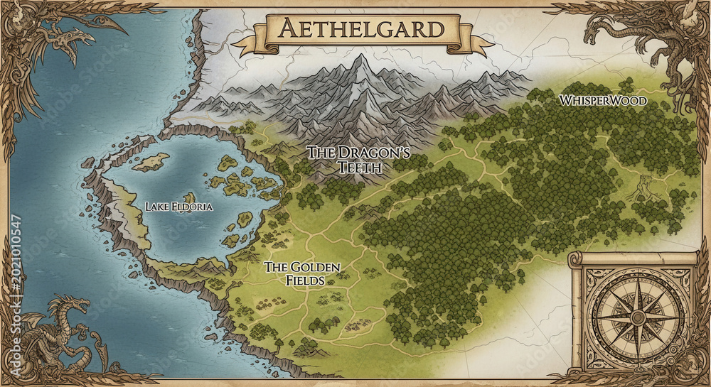 Naklejka premium Fantasy map of aethelgard featuring mountains, a large lake, dense forests, golden fields, and an ornate compass rose border