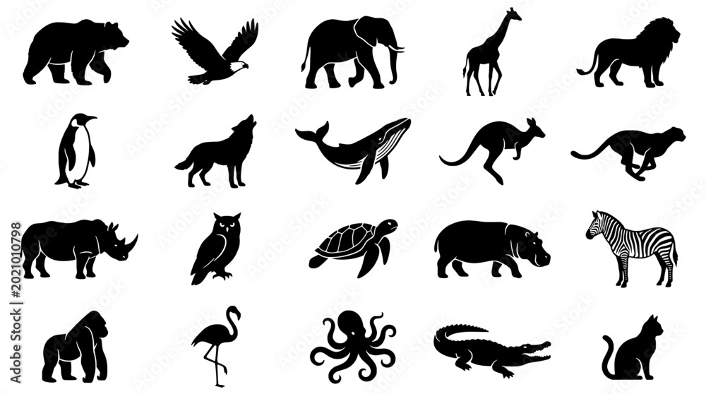 Obraz premium Animals set with various species including bears, birds, and reptiles in silhouette style featuring wildlife, bear, bird with penguin and wolf