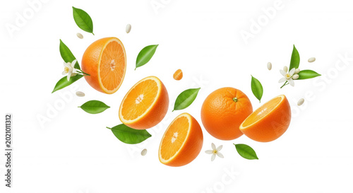 Fresh orange slices, whole oranges, green leaves, and white citrus blossoms floating against a solid black background