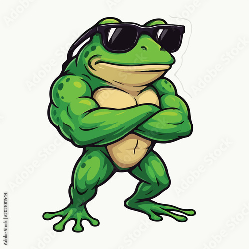 Muscular green frog character wearing cool black sunglasses standing with arms crossed in this fun and vibrant artistic digital photograph