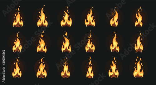 Set of fifteen pixel art frames for a fire animation showing a flickering orange and yellow flame on a dark background.