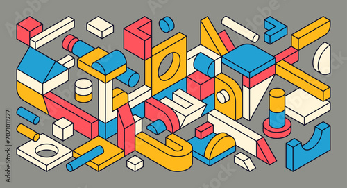 Colorful isometric 3D geometric building blocks arranged in a playful abstract composition. Vector illustration. 