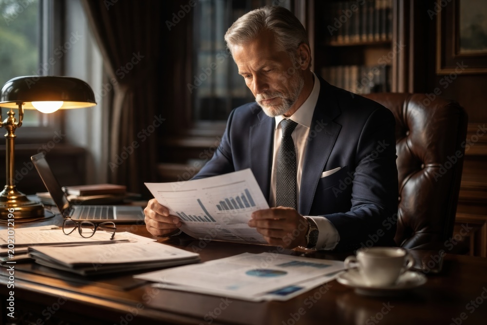 Fototapeta premium A mature businessman sits at his desk in a classic office setting, deeply focused while reading a detailed financial report, reflecting professional expertise and serious corporate leadership.