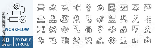 Set of 40 outline icons related to workflow. Linear icon collection. Editable stroke. Vector illustration