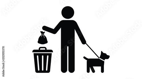 Person walking a dog and cleaning up pet waste by placing it into a bin